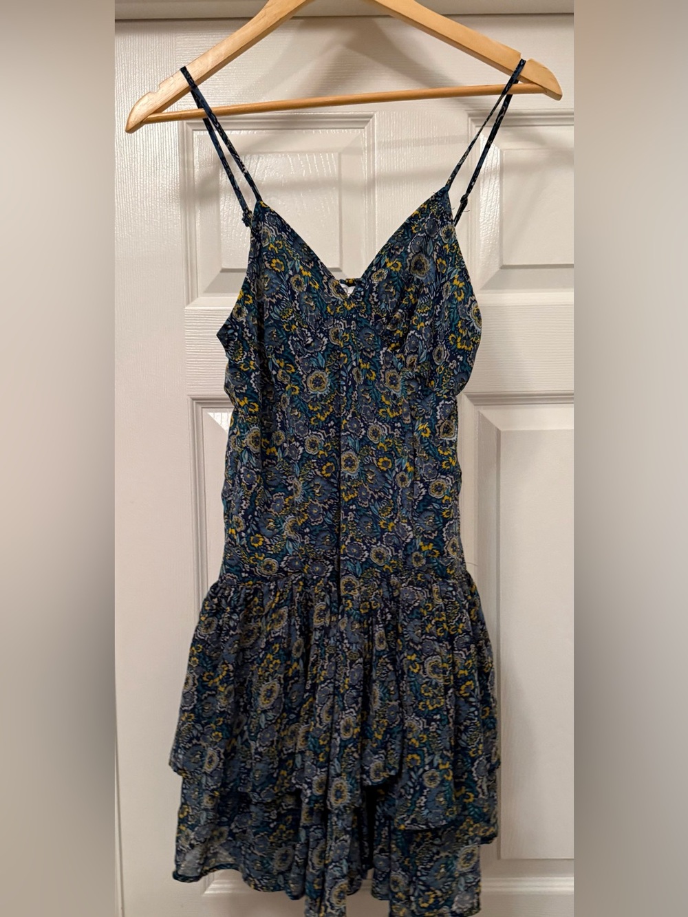 Japna Mini Dress Women Size S Navy Blue Floral Paisley Tiered Boho Strappy